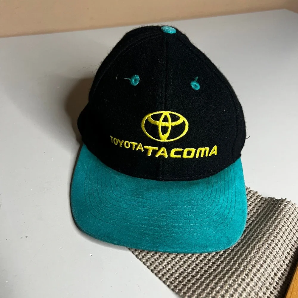 Vintage Toyota Tacoma Hat Otto Cap Black Teal Wool Suede Leather Strapback Hat